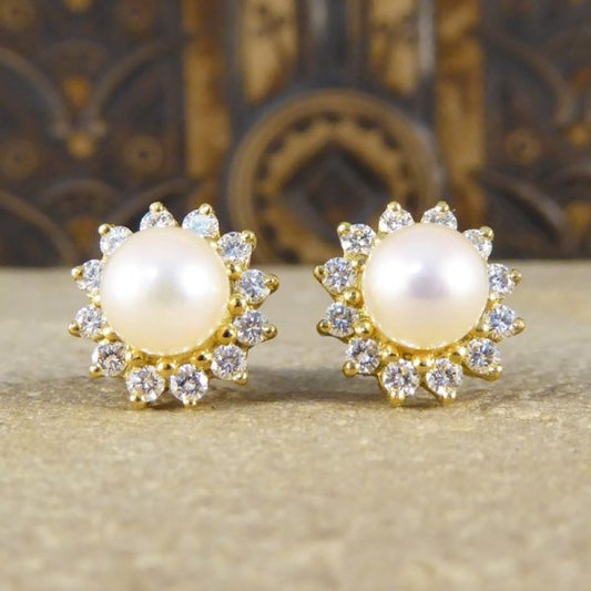 Diamond & Pearl Flower Cluster Earrings