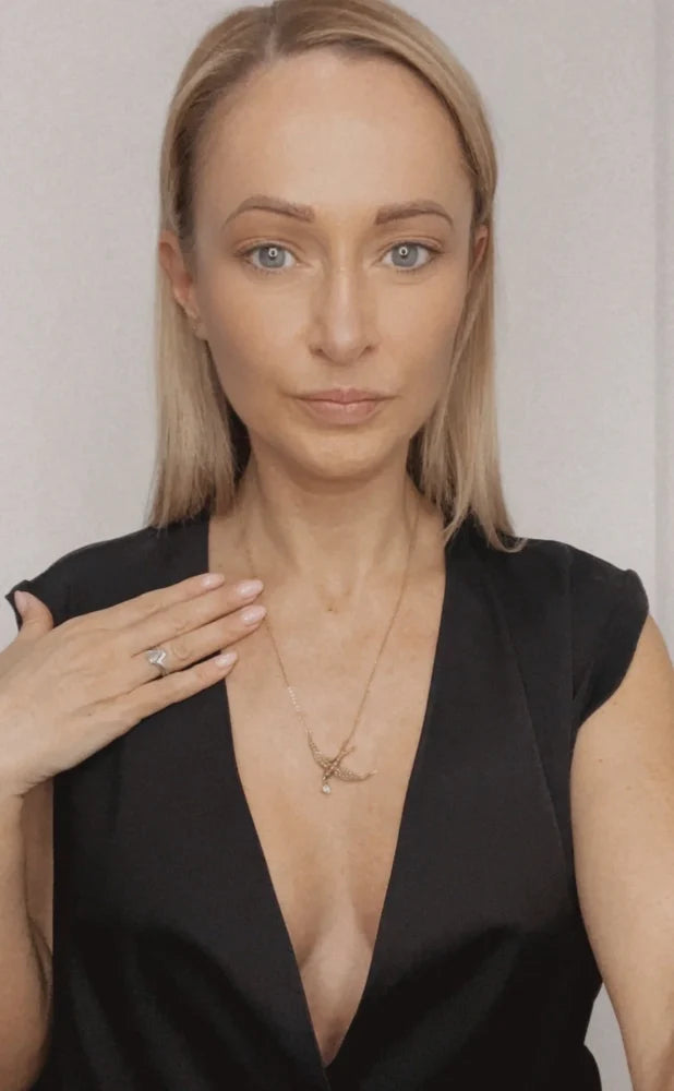 Antique 15 Carat Yellow Gold Swallow Pendant Necklace With Pearls And Diamond Drop