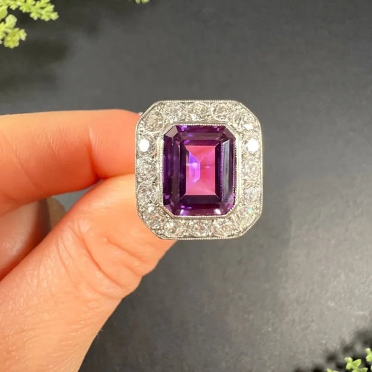 Antique Art Deco Amethyst and Diamond Rectangular Cluster Engagement Ring