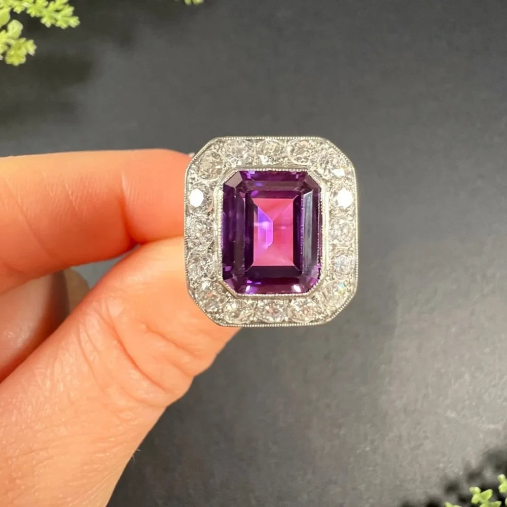 Antique Art Deco Amethyst and Diamond Rectangular Cluster Engagement Ring