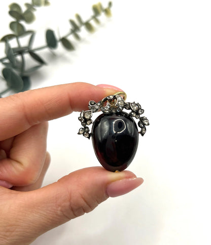 Early Victorian Antique Cabochon Garnet and Diamond Locket Pendant in Original Henry Tessier Box