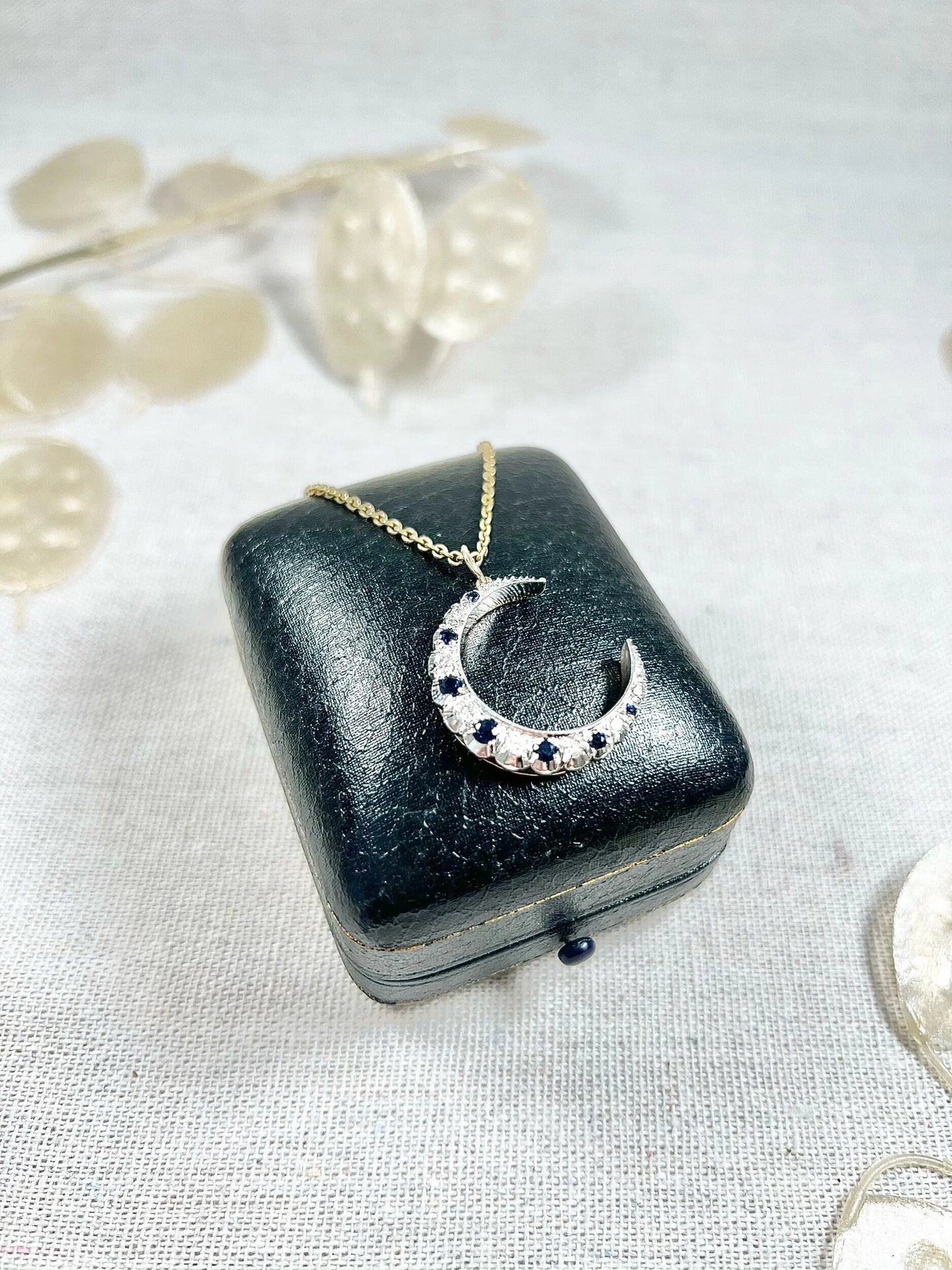 Victorian 9 Carat Gold, Silver, Sapphire and Diamond Crescent Moon Pendant