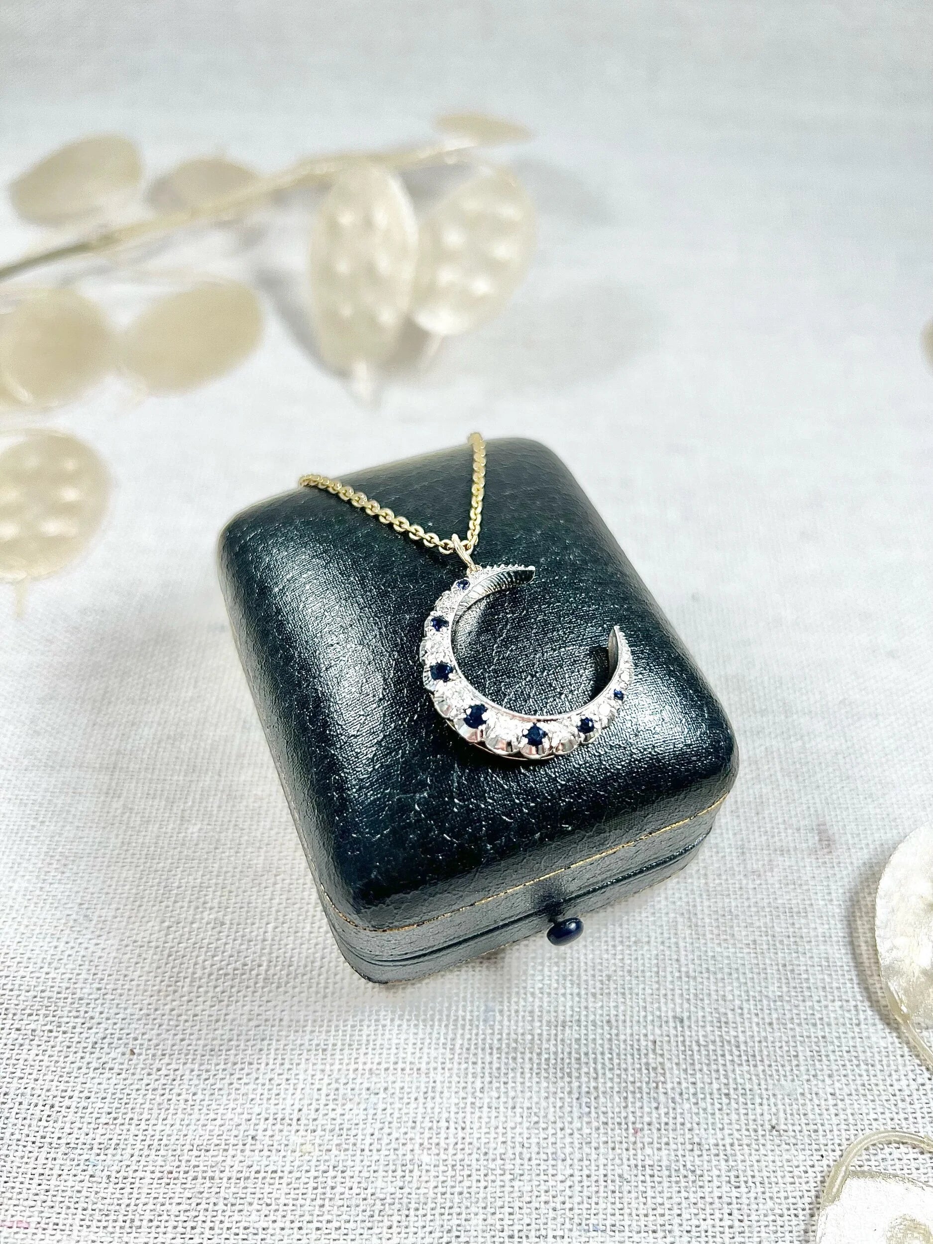 Victorian 9 Carat Gold, Silver, Sapphire and Diamond Crescent Moon Pendant