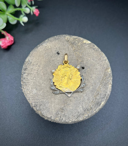 Antique 18 ct Yellow Gold Art Nouveau Diamond And Pearl Portrait Pendant