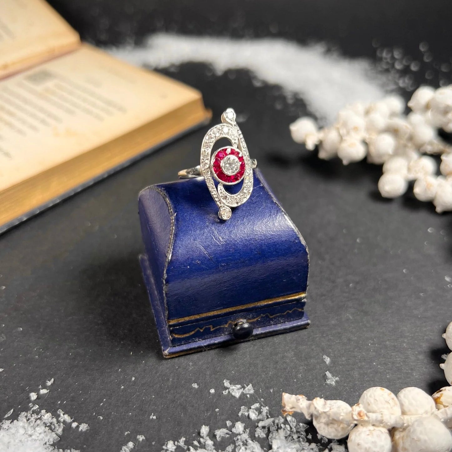 Antique Art Deco Ruby and Diamond Scroll Target Cluster Ring