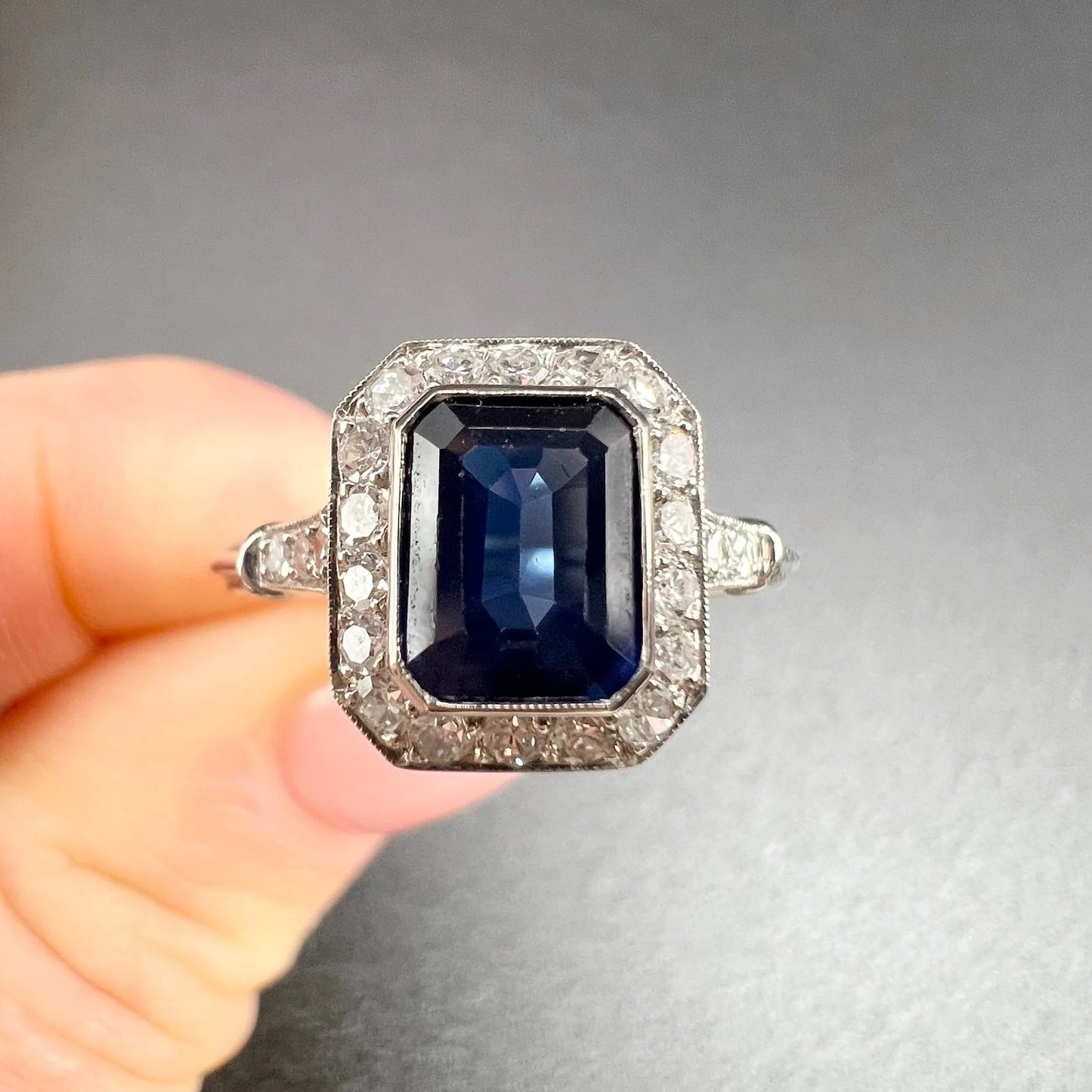 Vintage Art Deco Style Sapphire and Diamond Cluster Engagement Ring in 18ct White Gold