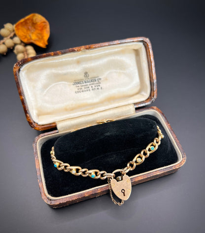 Victorian 15 Carat Yellow Gold Curb Link Turquoise and Pearl Bracelet with Heart Padlock