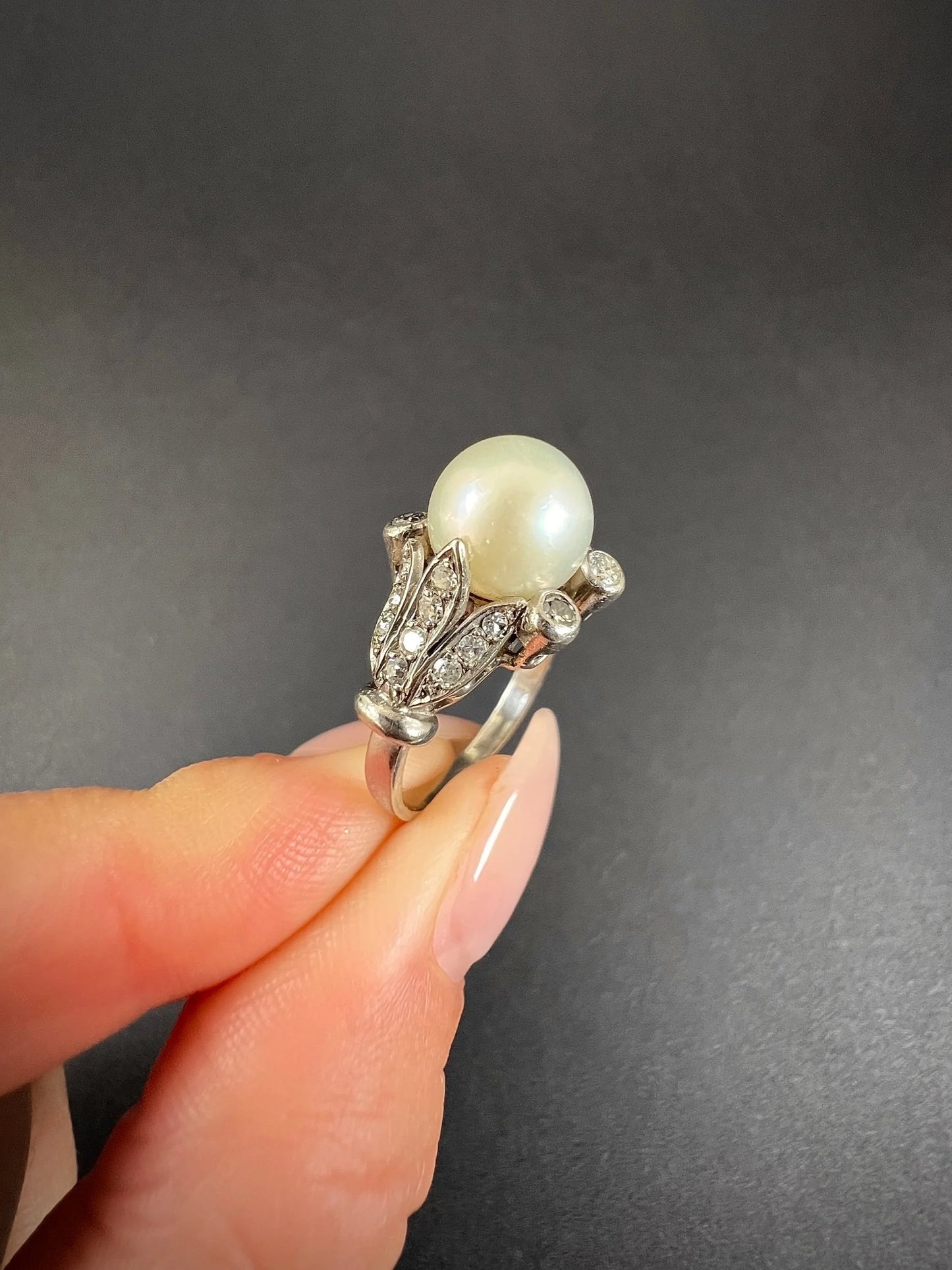 Antique 18ct White Gold, Edwardian Cultured Pearl & Old Cut Diamond Ring