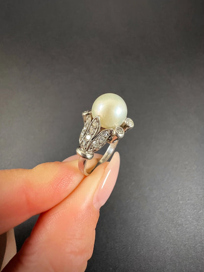 Antique 18ct White Gold, Edwardian Cultured Pearl & Old Cut Diamond Ring