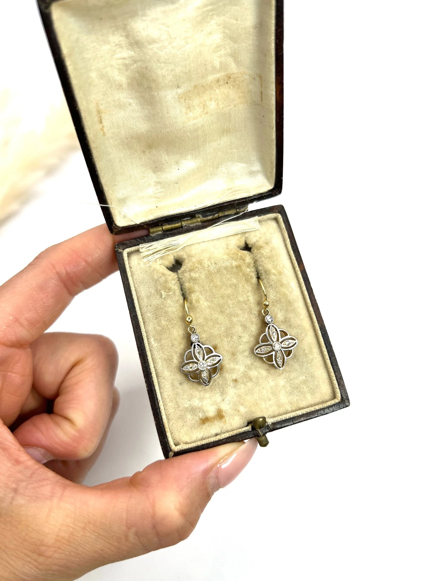 Antique 18ct Gold & Platinum, Edwardian era Diamond Drop Dangle Earrings