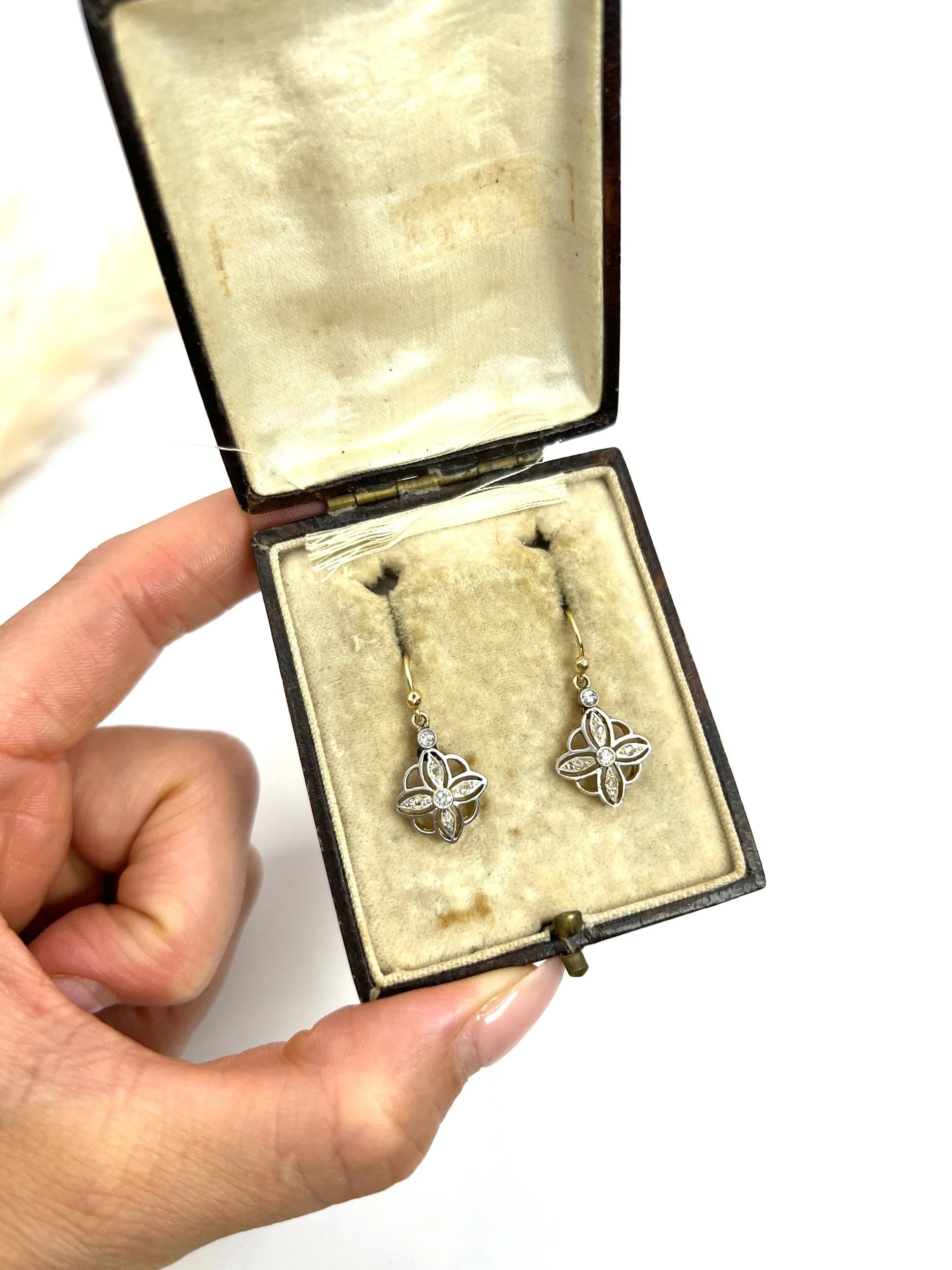 Antique 18ct Gold & Platinum, Edwardian era Diamond Drop Dangle Earrings