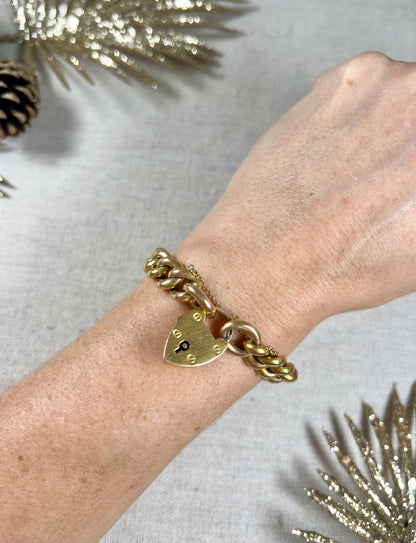Victorian 15 Carat Yellow Gold Curb Link Bracelet with Heart Padlock Clasp, Circa 1880
