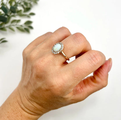 Antique 10 Carat Yellow Gold Victorian Opal And Diamond Cluster Ring