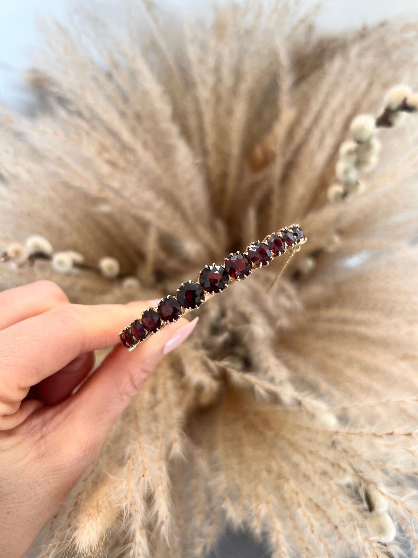Antique Edwardian 14 Carat Gold Faceted Garnet Bangle Bracelet, Circa 1900