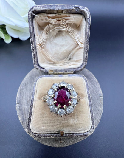 Vintage 18ct Gold, 1950s Ruby & Diamond Cluster Ring