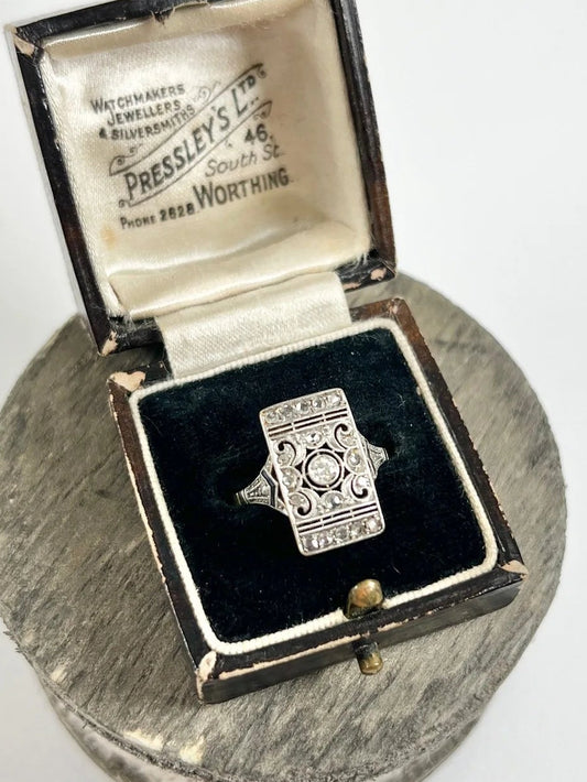 Art Deco diamond dress panel ring open work single cut diamonds 