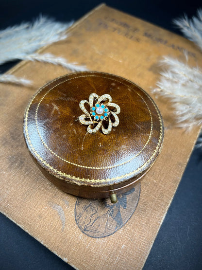 Antique 15ct Gold Edwardian Pearl & Turquoise Flower Pendant