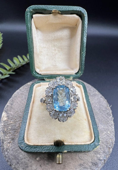 Vintage 2ct Aquamarine and Diamond Cluster Engagement Ring