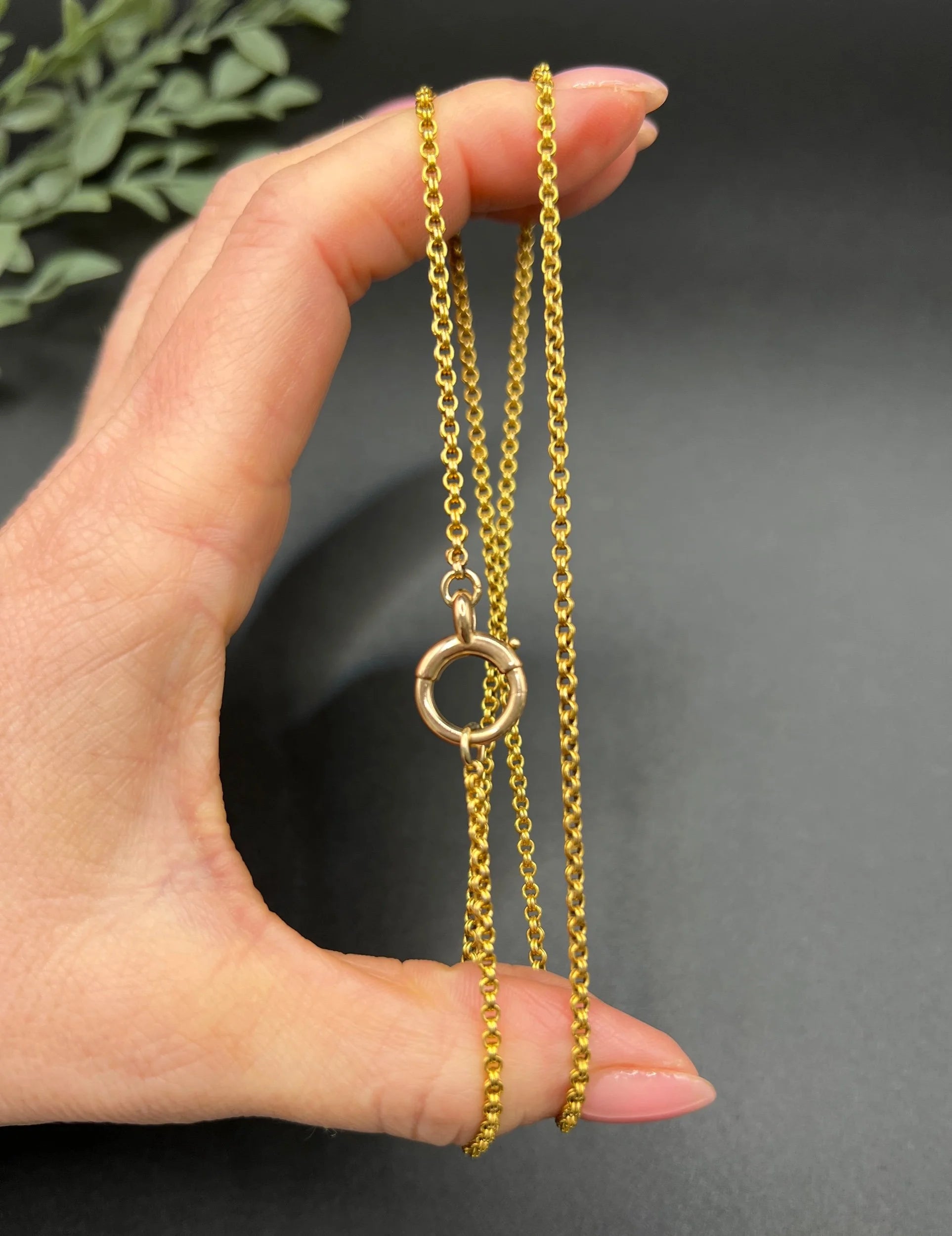 A yellow gold rolo link chain necklace, held in a hand