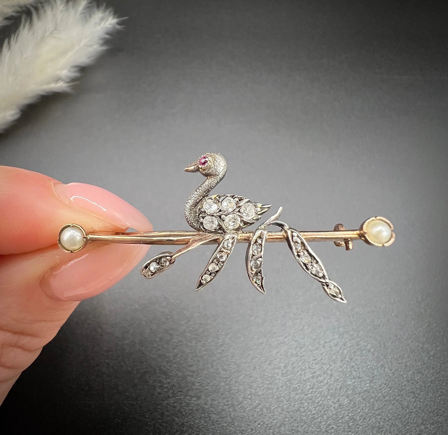 Victorian Gold, Silver, Diamond and Seed Pearl Swan Brooch, Circa 1880