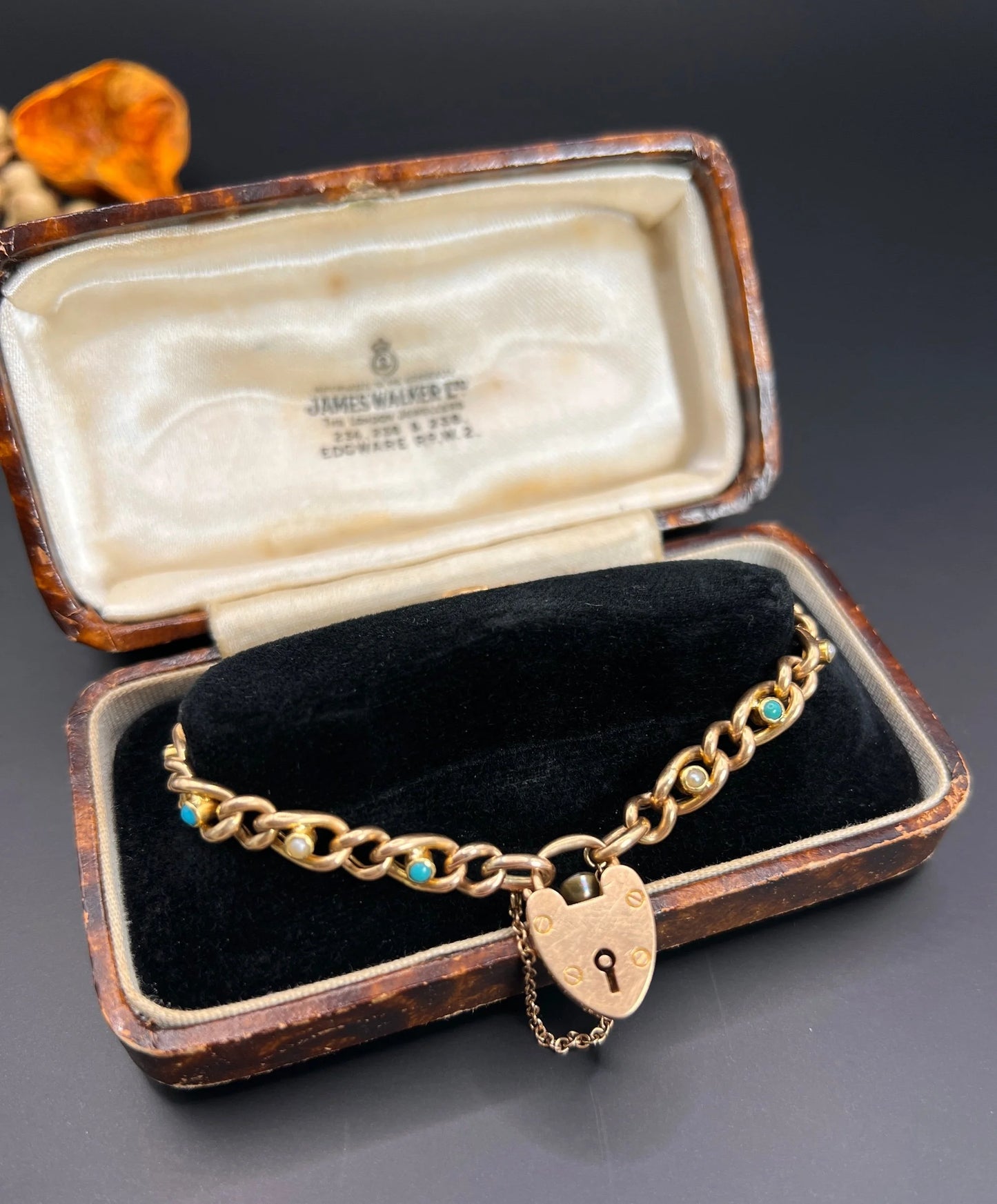 Victorian 15 Carat Yellow Gold Curb Link Turquoise and Pearl Bracelet with Heart Padlock