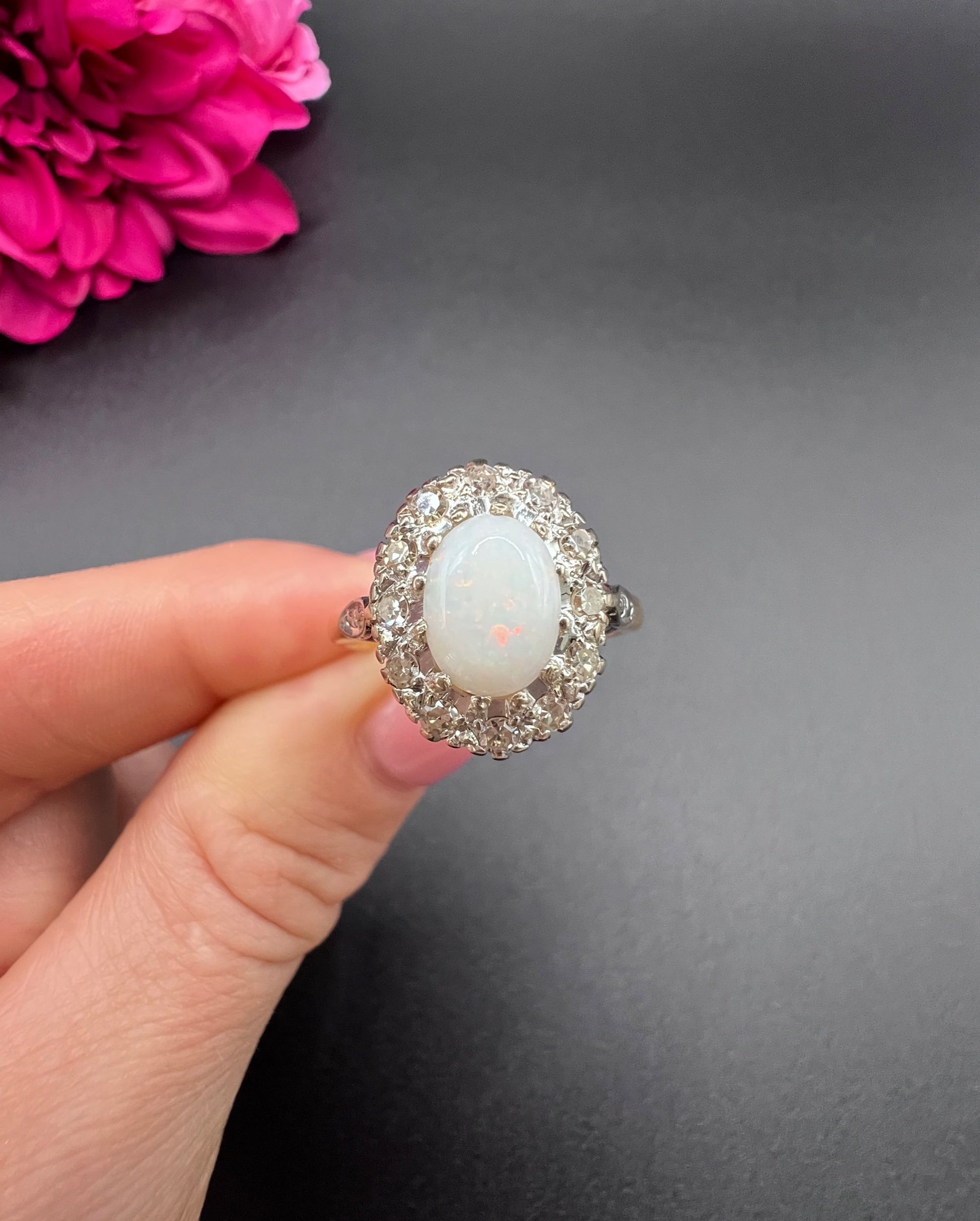Vintage 18 Carat Yellow Gold Opal and Diamond Oval Cluster Ring, Hallmarked 1963
