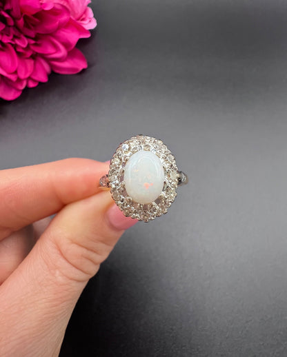 Vintage 18 Carat Yellow Gold Opal and Diamond Oval Cluster Ring, Hallmarked 1963