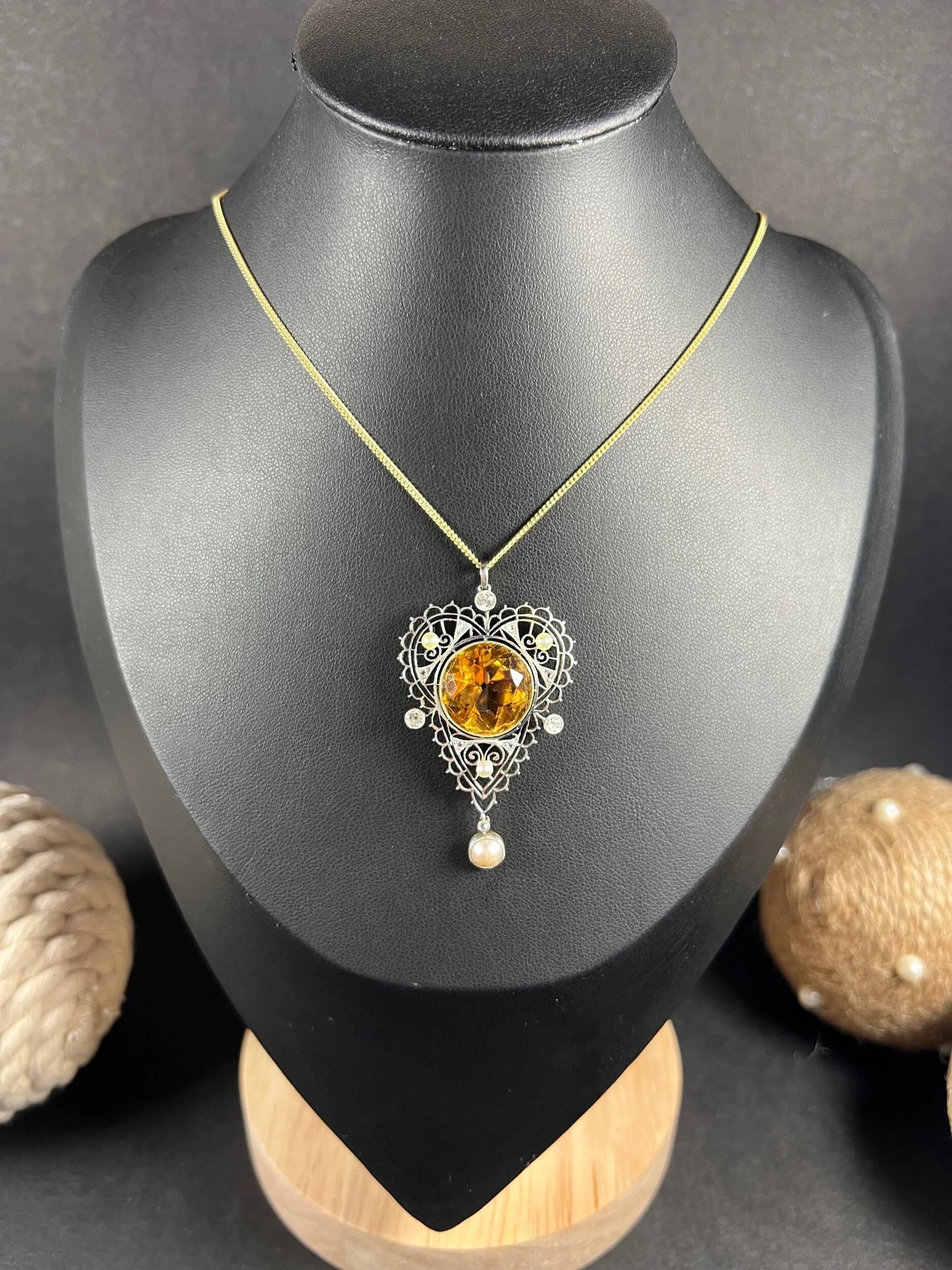 Edwardian 18 Carat Gold, Platinum, Citrine, Pearl and Diamond Pendant Necklace