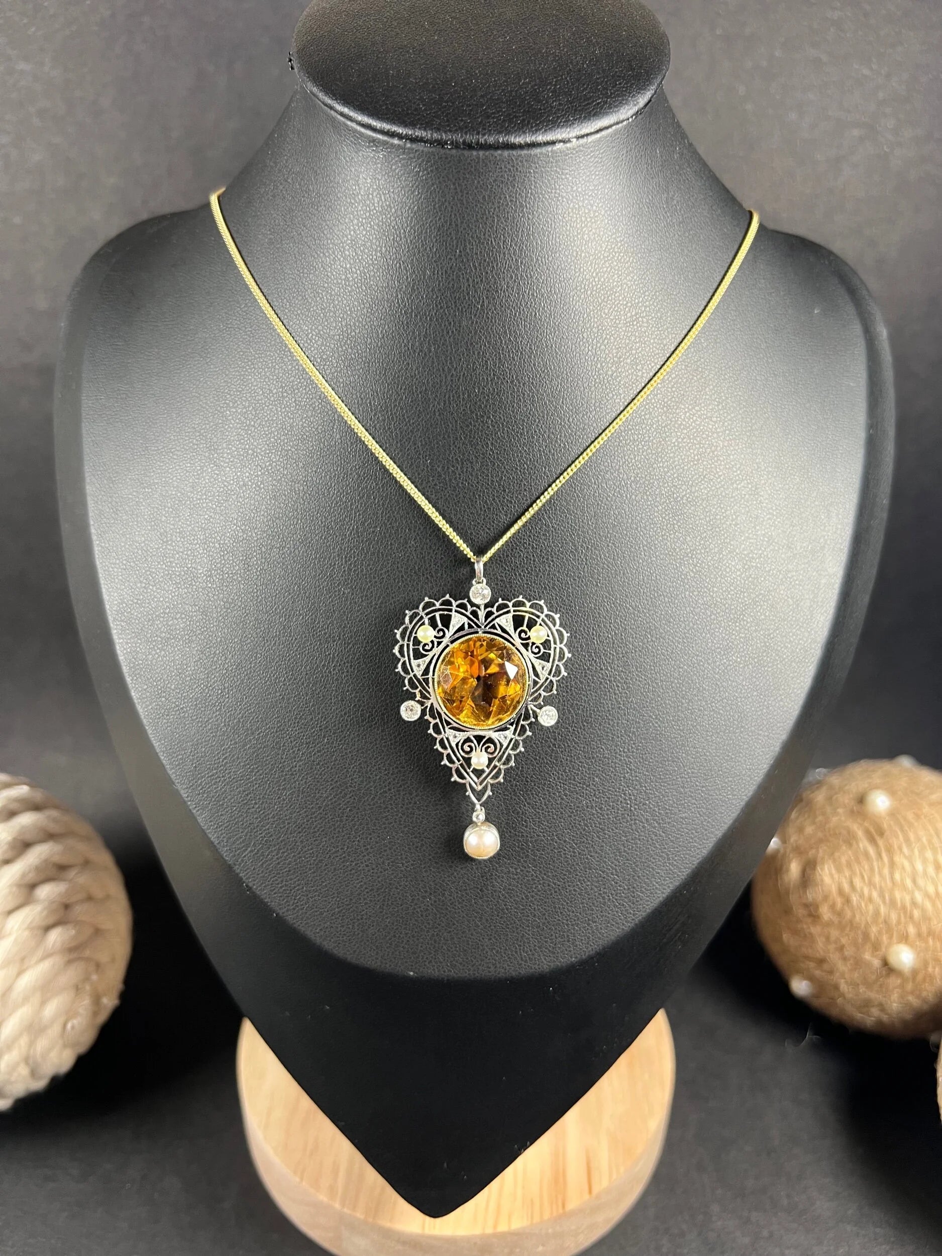 Edwardian 18 Carat Gold, Platinum, Citrine, Pearl and Diamond Pendant Necklace