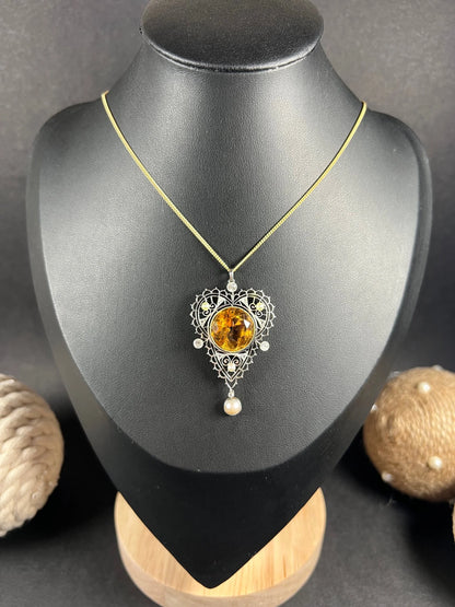 Edwardian 18 Carat Gold, Platinum, Citrine, Pearl and Diamond Pendant Necklace
