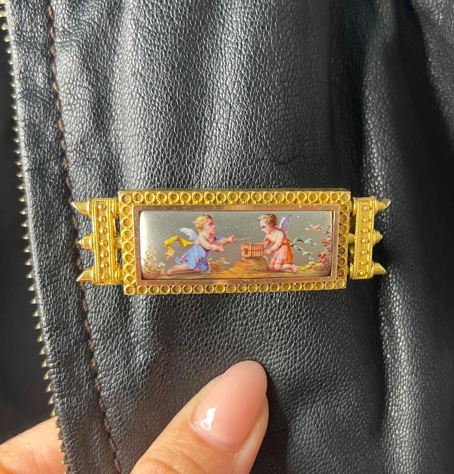 Antique 15 Carat Yellow Gold Enamel Cherub Panel Brooch, Circa 1880