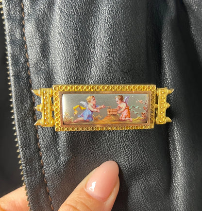 Antique 15 Carat Yellow Gold Enamel Cherub Panel Brooch, Circa 1880