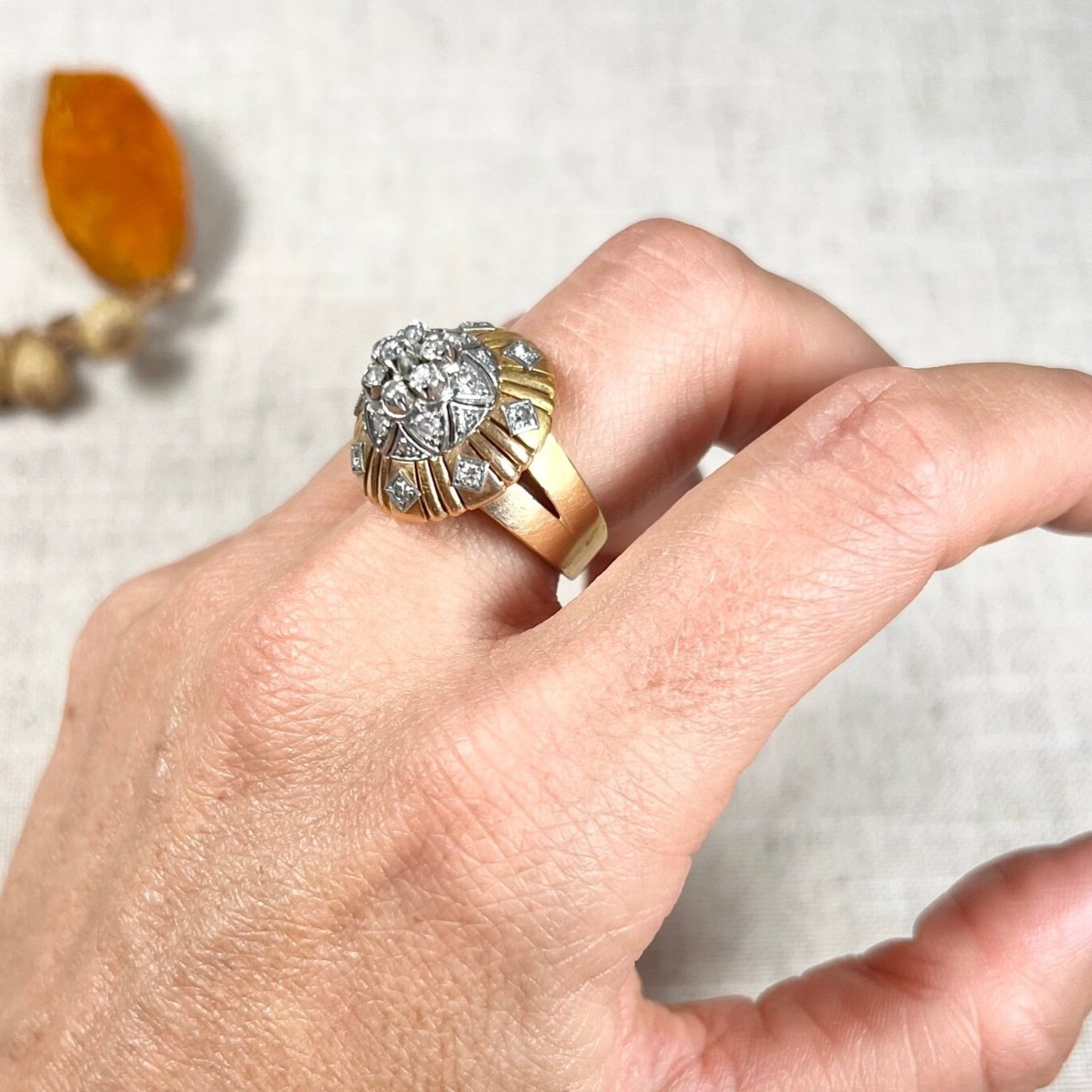 Vintage 1960's 18 Carat Gold, Tiered Dome Shaped, Diamond Cocktail Ring