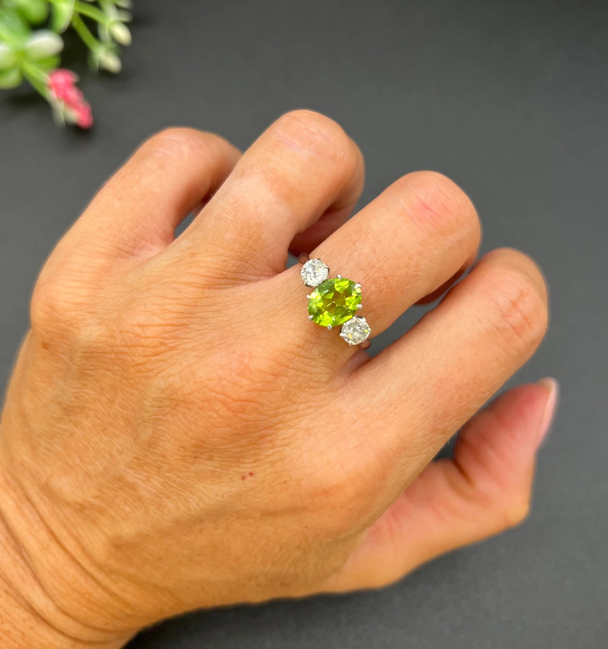 Antique Art Deco Peridot and Diamond Three Stone Ring, 1920s