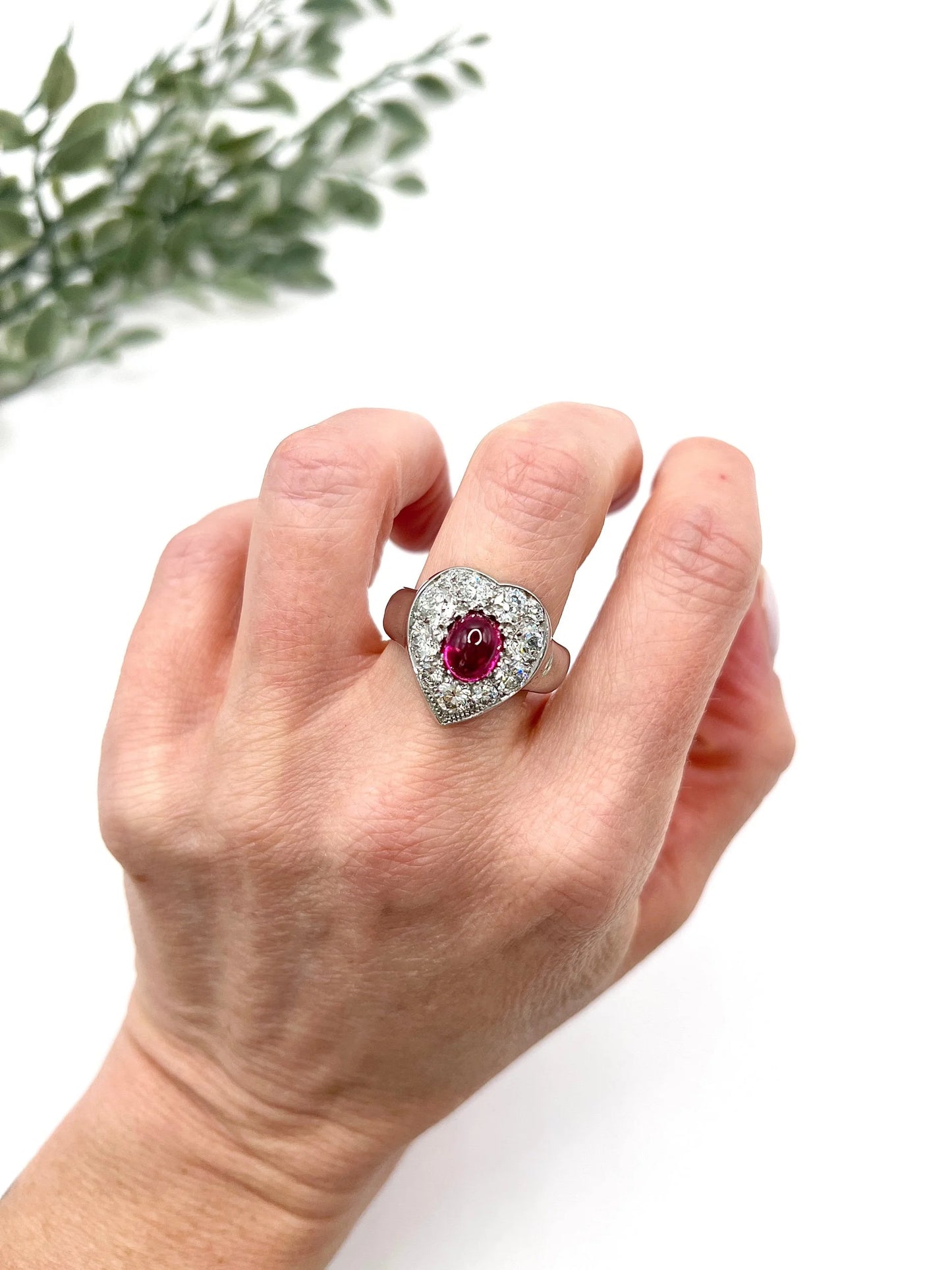 Vintage 14ct White Gold, Cabochon Ruby Heart-Shaped Diamond Cluster Ring