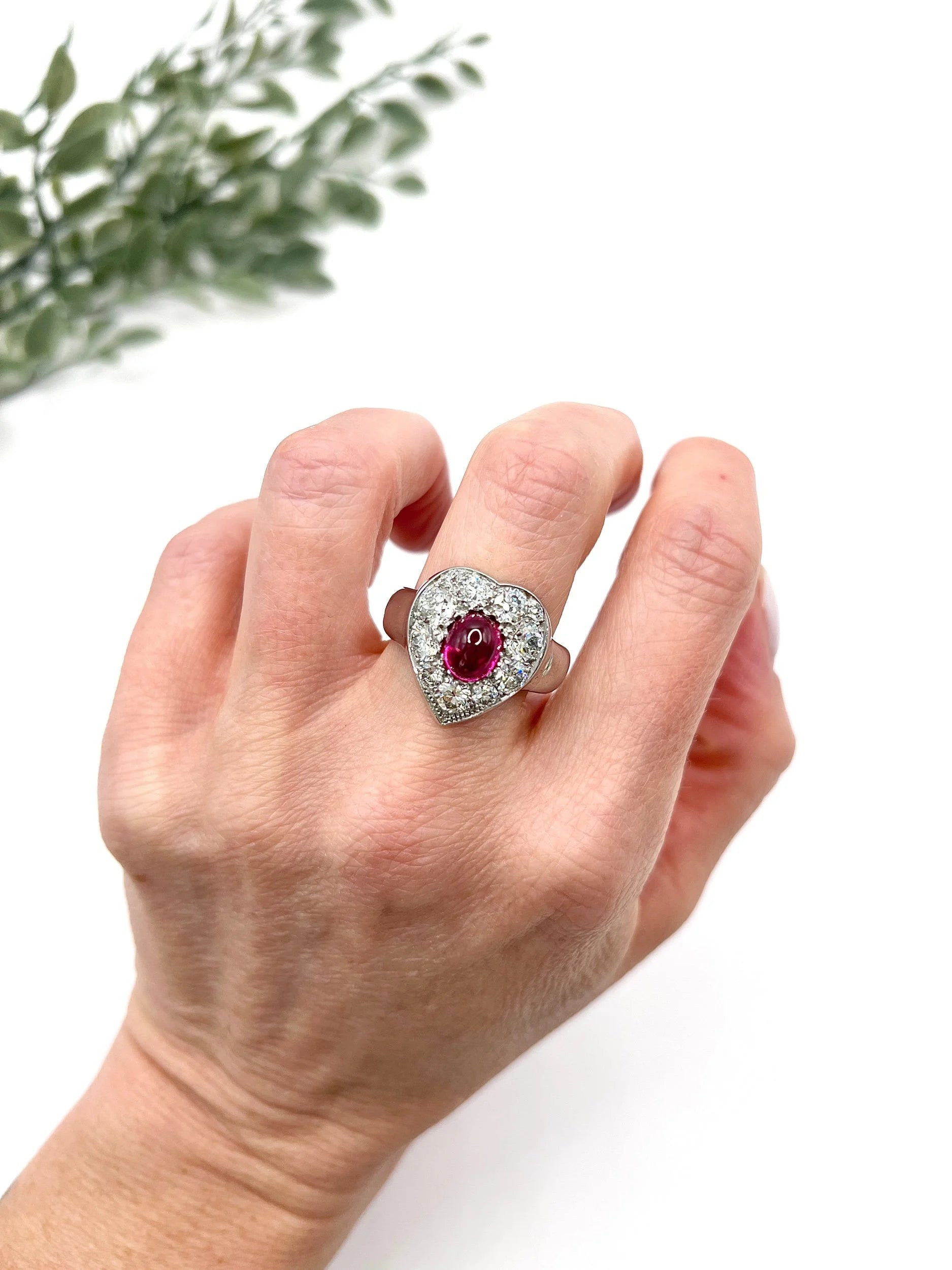 Vintage 14ct White Gold, Cabochon Ruby Heart-Shaped Diamond Cluster Ring