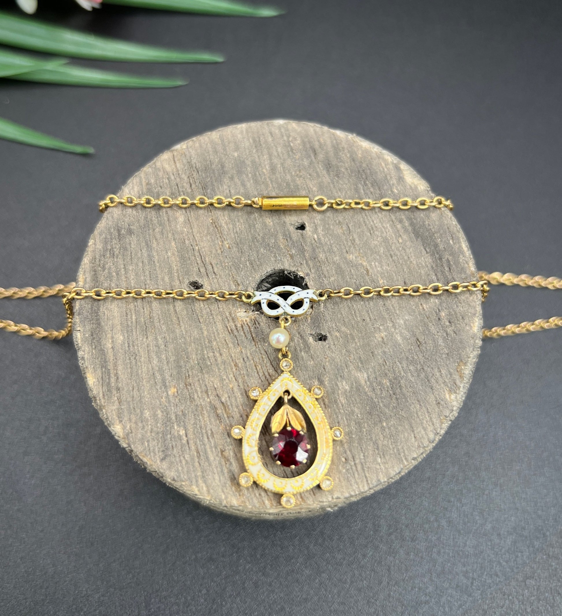 Antique 15 ct Gold, Edwardian Garnet, Diamond, Seed Pearl And Enamel Pendant Necklace