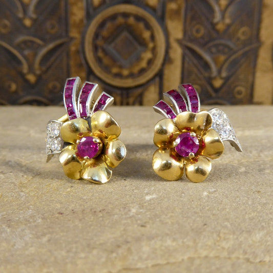 Vintage Ruby & Diamond Floral Earring & Pin Set