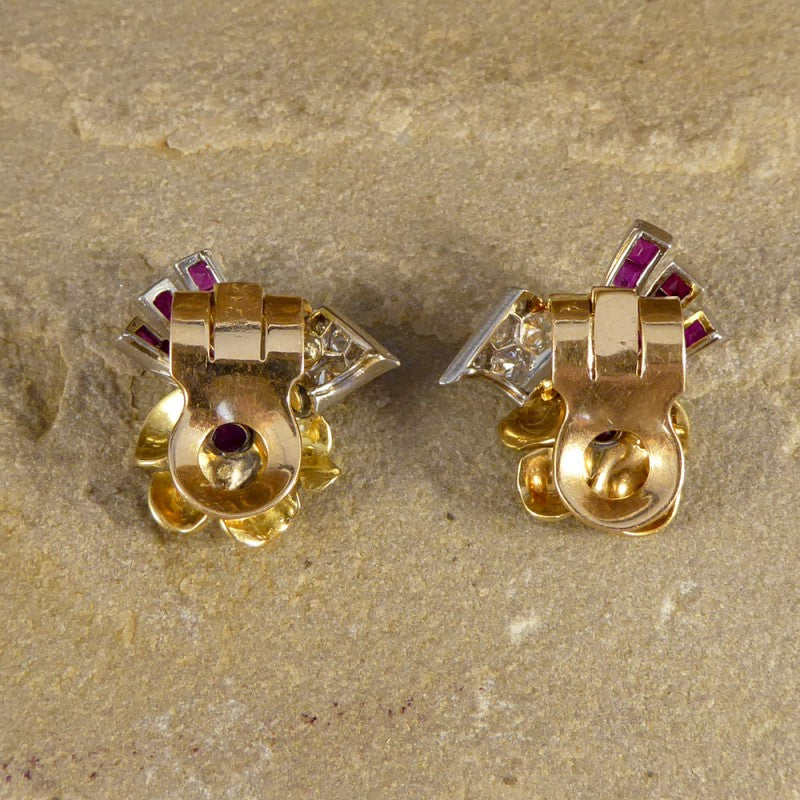 Vintage Ruby & Diamond Floral Earring & Pin Set