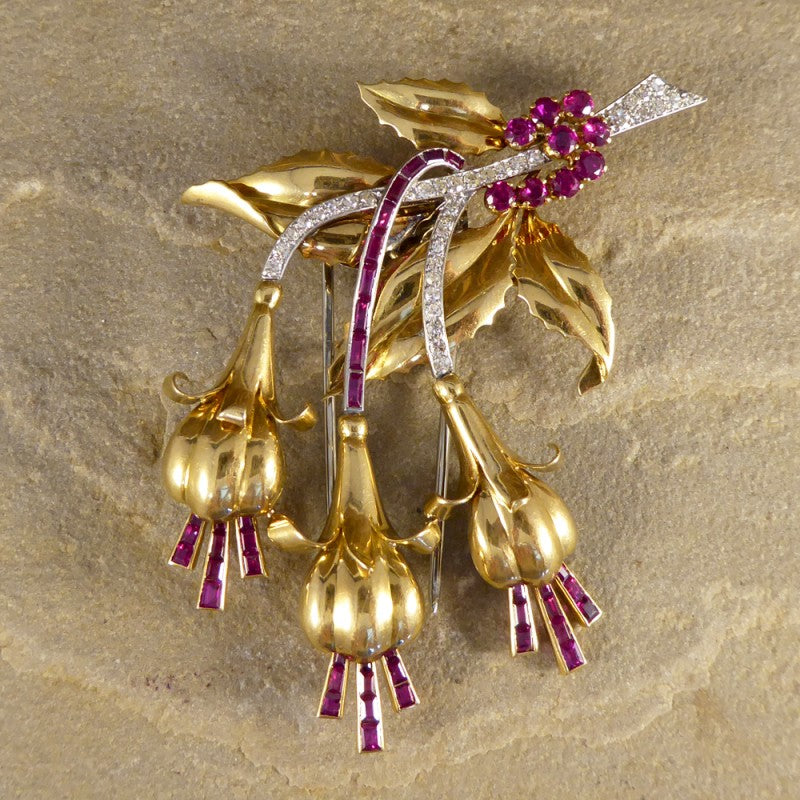 Vintage Ruby & Diamond Floral Earring & Pin Set