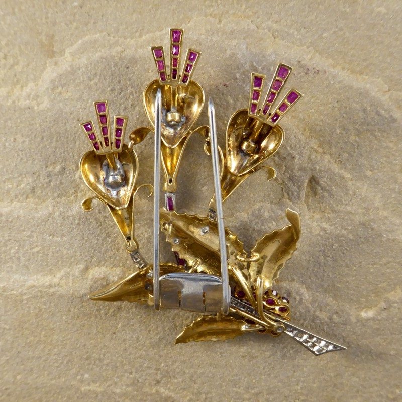 Vintage Ruby & Diamond Floral Earring & Pin Set