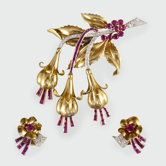 Vintage Ruby & Diamond Floral Earring & Pin Set