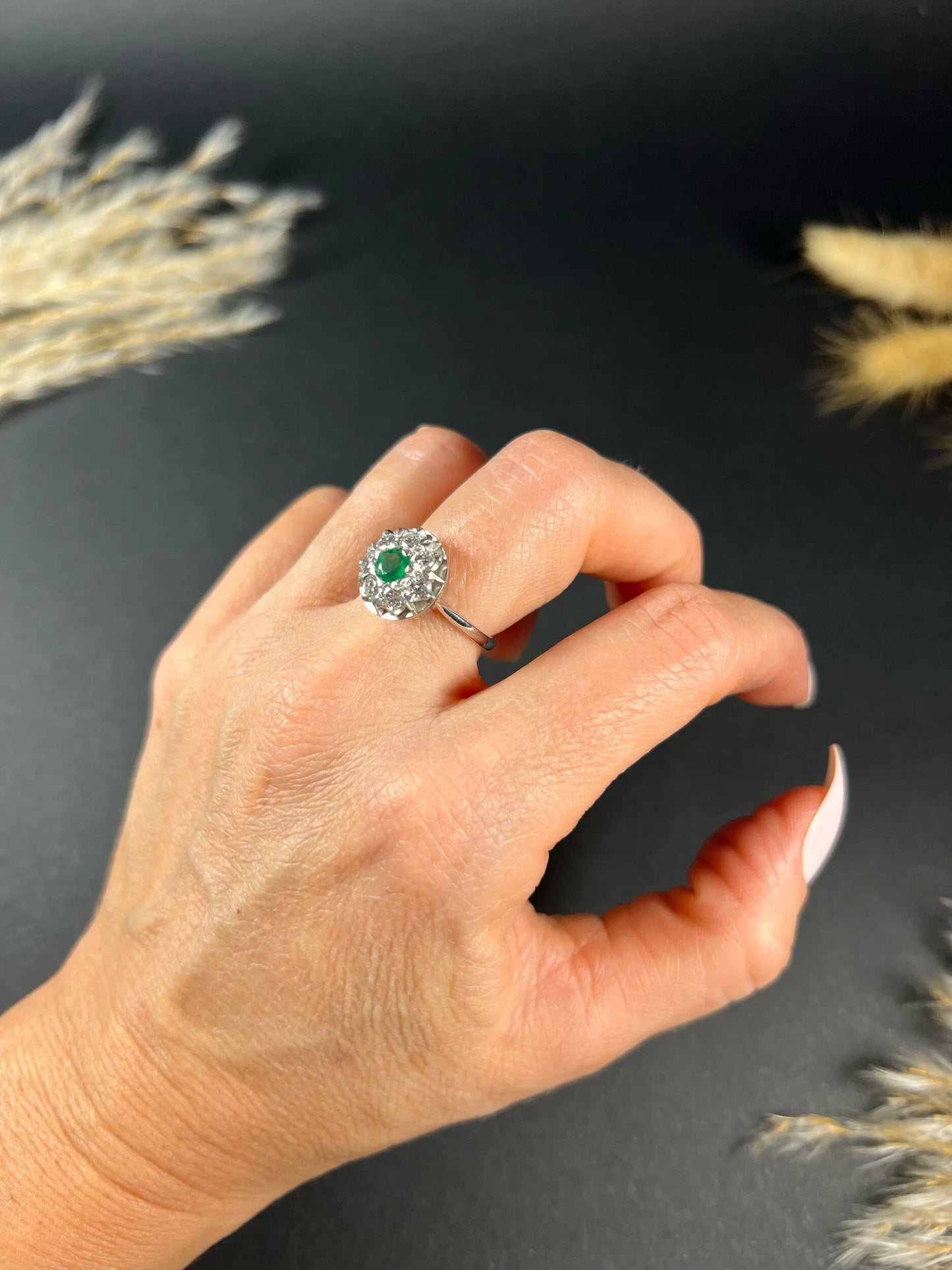 Vintage 18ct White Gold, 1940s Emerald Diamond Round Cluster Engagement Ring