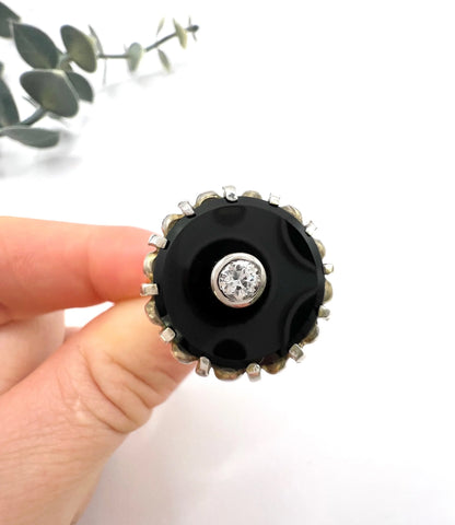 Vintage 18ct Gold Stamped, 1940s Onyx & Diamond Dress Ring
