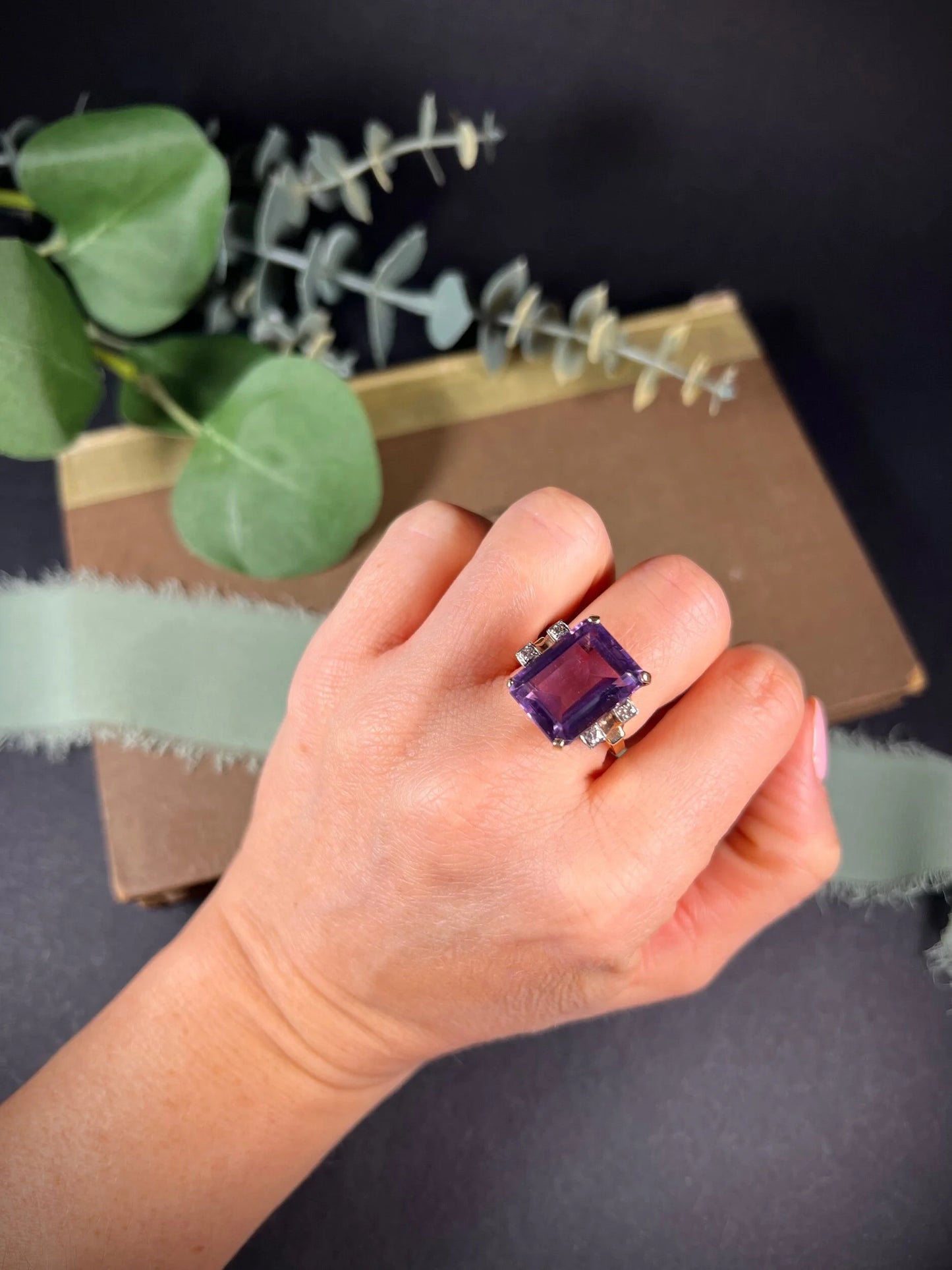 Vintage 14 Carat Gold Large Amethyst and Diamond Cocktail Ring, Circa 1960