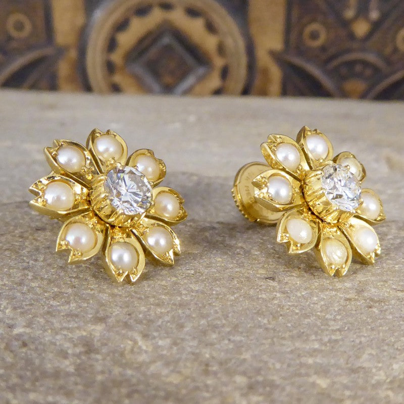 Antique Edwardian Diamond & Pearl Flower Earrings