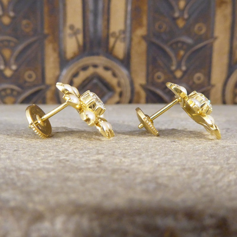 Antique Edwardian Diamond & Pearl Flower Earrings