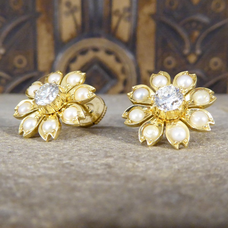 Antique Edwardian Diamond & Pearl Flower Earrings