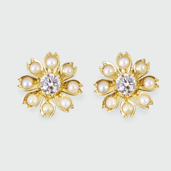 Antique Edwardian Diamond & Pearl Flower Earrings