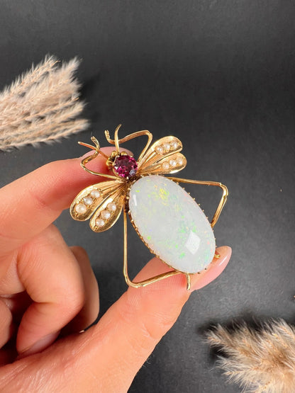Antique 15 Carat Gold Edwardian Almandine Garnet, Opal And Pearl Insect Brooch